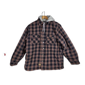 Brazos Shirt Jacket Shacket Brown Black Plaid Mens M Hooded Quilted Flannel Work